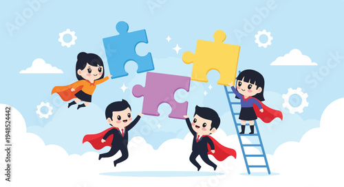 Cartoon illustration of four superheroes in colorful capes jumping and climbing a ladder to connect puzzle pieces against a bright blue sky with clouds and gears.