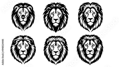 Lion Head Icons: Majestic Mane, Fierce Gaze, Vector Graphics Set