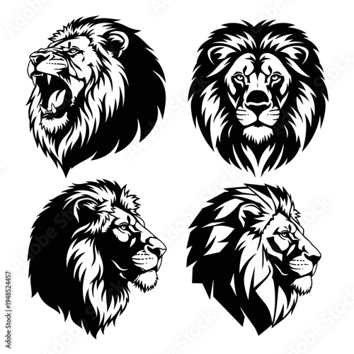 Lion Head Silhouettes - Roaring, Facing Forward, Profile Views