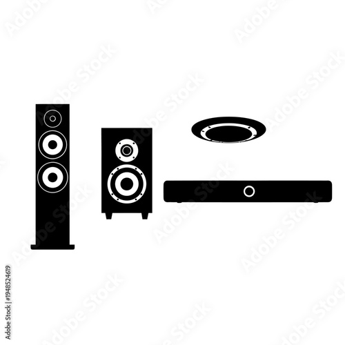Modern Home Audio System: Speakers, Soundbar, and Subwoofer Silhouette
