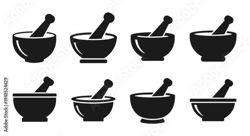 Mortar and Pestle Icons Set, Pharmacy, Laboratory, Cooking, Herbal Medicine