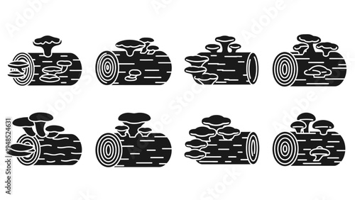 Mushroom Growing on Log Set - Black and White Vector Icons