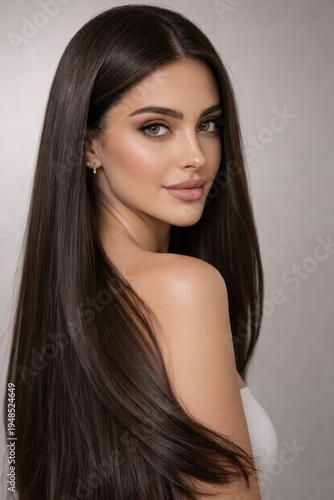 Stunning brunette with very long, glossy, straight hair looking over her shoulder