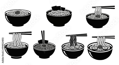 Ramen Noodle Bowls Set, Chopsticks, Asian Food Icons, Black and White Illustration