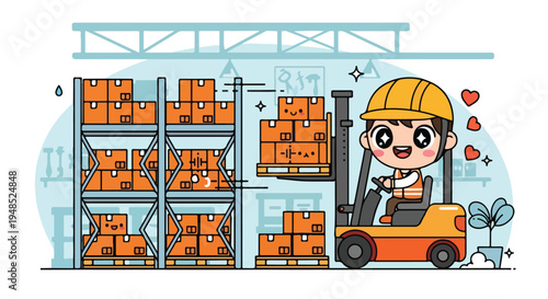 A cheerful cartoon warehouse worker operating a forklift with orange boxes on shelves in the background in a warehouse setting with a joyful mood.