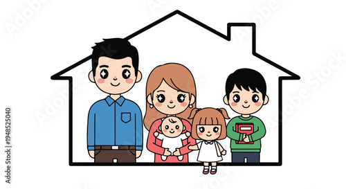 A cartoon illustration of a family of four standing inside a simple house outline on a white background.