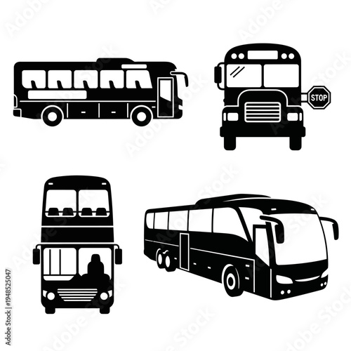 Set of Bus Icons: City bus, Double Decker, Tour Bus, School Bus Silhouette