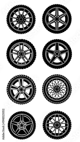Set of Car Wheels and Tires Icons - Various Alloy Rim Designs
