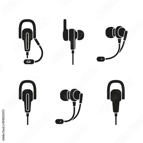 Set of Earbuds and Headphones Icons, Black Silhouettes on White Background
