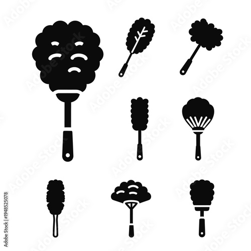 Set of Dusting Tools Icons: Feather Duster, Brush, Microfiber Duster