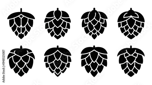 Set of Hop Cone Icons, Black and White Graphic Elements for Brewing