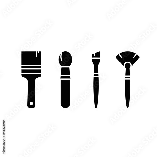 Set of four black makeup brushes silhouettes on white background