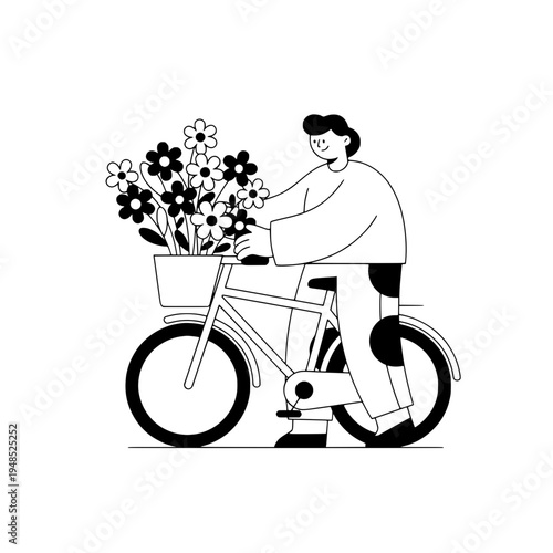 Floral bicycle courier illustration with bouquet flowers in clean line art style or Bicycle delivery flowers scene in minimalist black and white vector drawing