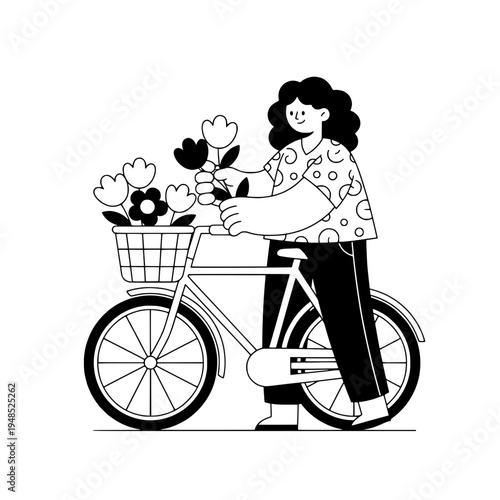 Floral bicycle courier illustration with flower basket in bold line art or Flower delivery bicycle artwork with blossoms in minimalist line drawing