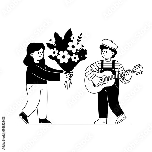 Floral bouquet delivery with guitarist in urban street scene black and white illustration or Urban flower courier handing bouquet to guitarist in minimal line art style