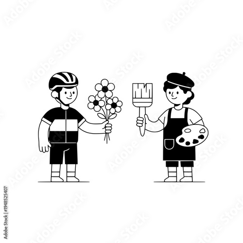Floral courier bicycle delivering bouquet line art illustration for decor or Bicycle florist illustration depicting bouquet delivery and painter palette for home decor