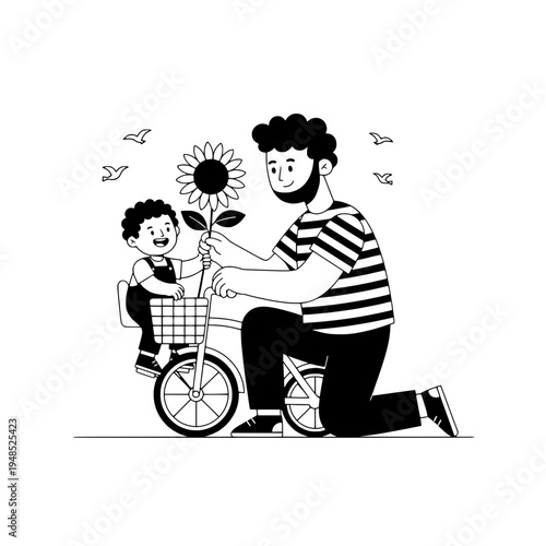 Line Art Bicycle Floral Courier Delivers Sunflower to Child or Whimsical Line Drawing Bicycle Flower Delivery Scene for Gifts