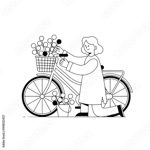line art bicycle floral courier illustration with baskets of flowers for delivery or minimalist vector bicycle courier scene with flowers in basket for gifts and delivery