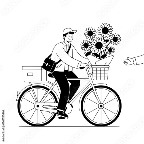 line art floral bicycle courier illustration with sunflowers in front basket for delivery or black and white bicycle courier illustration with bouquet sunflowers in basket for delivery