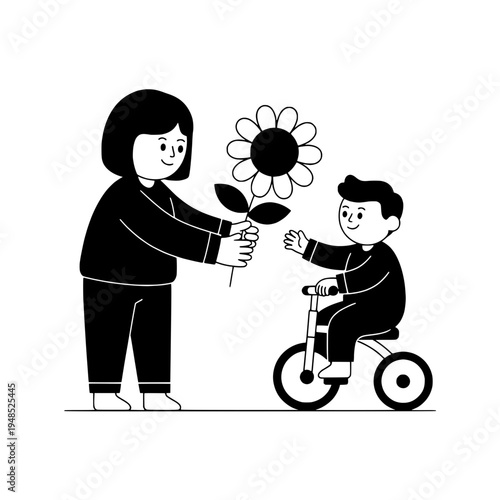 Line Art Bicycle Flower Delivery Illustration with Child Recipient or Monochrome Flower Courier on Bicycle Illustration for Gifts