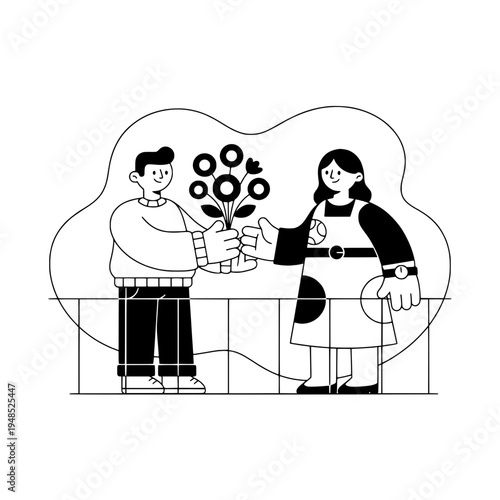 Line art floral delivery scene with two people exchanging a bouquet or Minimal black and white illustration of bouquet handoff between two figures