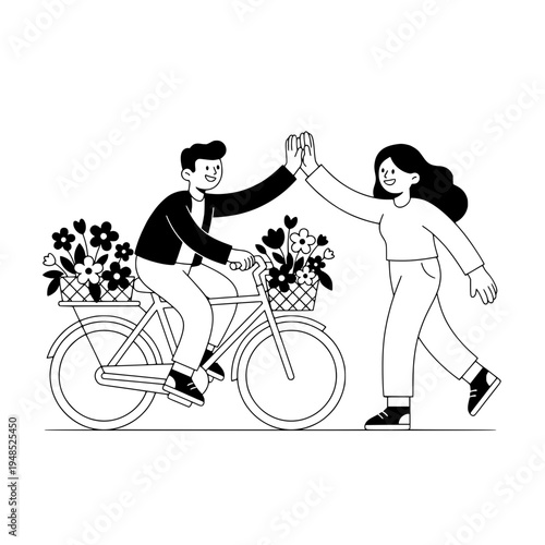minimalist line art floral bicycle courier with flower basket delivery design or monochrome vector bicycle delivery with flowers illustration for branding and decor