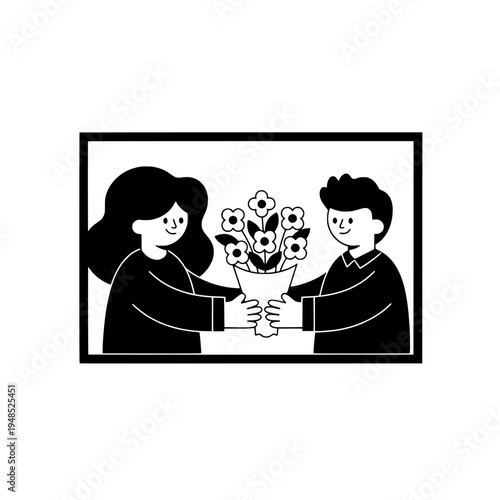 Minimalist black and white bouquet delivery illustration featuring two figures in a frame or Clean line art scene of two people exchanging flowers framed design for floral courier concept