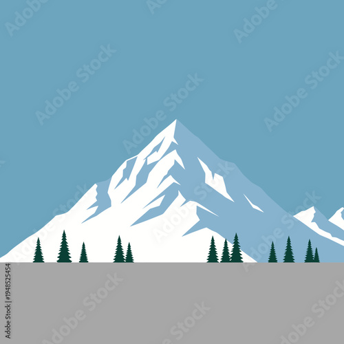 Snowy Mountain Peak with Pine Trees and Clear Blue Sky - Flat Design