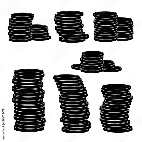 Stacks of Black Coins, Money and Finance Concept, Isolated on White Background