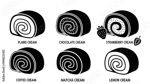 Variety of Cream Roll Cakes Illustration: Plains, Chocolate, Strawberry, Coffee, Matcha, Lemon