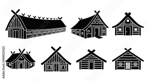 Viking Village Icon Set: Traditional Nordic Wooden Houses Silhouette