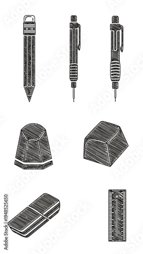 Vintage Drawing Tools: Pencil, Mechanical Pencil, Erasers, Ruler Graphic