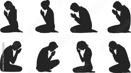 Flat vector illustration of men and women kneeling in prayer, black silhouette design, spiritual meditation, religious devotion, peaceful worship concept art