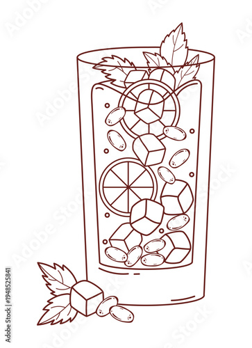 Outline Iced Sea Buckthorn Cocktail with Citrus Slices and Mint Leaves. Refreshing Beverage in Highball Glass with Berries and Ice Cubes. Isolated Line drawing, coloring page. Vector Illustration.