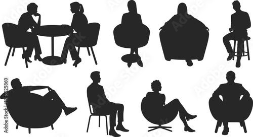 Flat vector illustration of men and women sitting in chairs, different poses, casual and formal seating, black silhouette design for business and lifestyle concepts