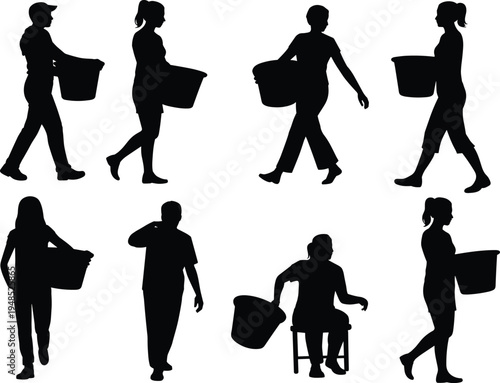Flat vector illustration of people carrying buckets in various walking and standing poses, male and female silhouettes, work and daily choresFlat vector