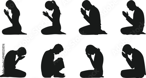 Flat vector illustration of people praying in different kneeling poses, male and female silhouettes, worship and meditation concept art