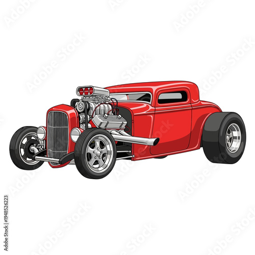 Classic Red Hot Rod Coupe with Powerful Engine and Chrome Details