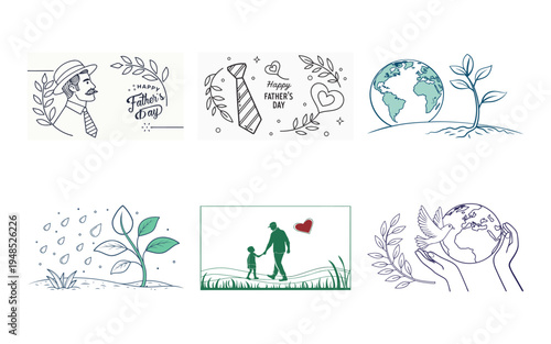 Fathers day with earth and plants line earth globe leaf