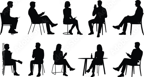 Flat vector illustration of diverse people silhouettes sitting on chairs and stools using smartphones and having casual conversations for design projects