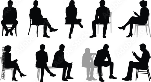 Flat vector illustration of diverse people silhouettes sitting on chairs using mobile phones and engaging in relaxed conversation for design projects