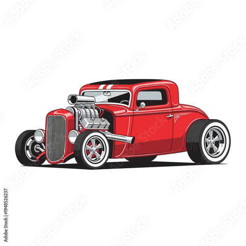 Classic Red Hot Rod Coupe with Supercharger and Chrome Details