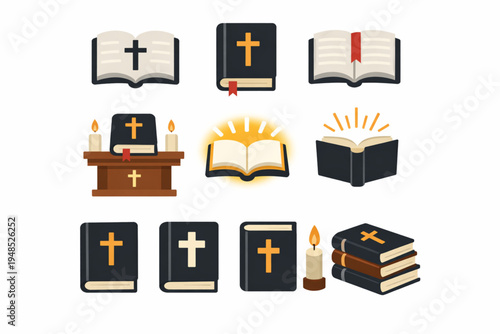 Bible Icon Set – Open, Closed, and Glowing Scripture Books Flat Design