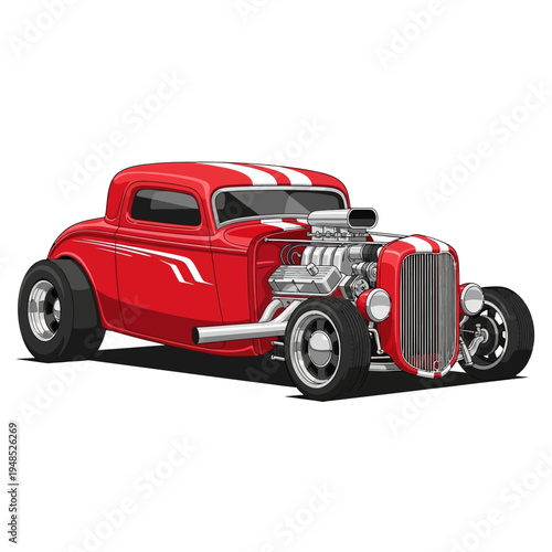 Classic Red Hot Rod Coupe with White Stripes and Supercharger