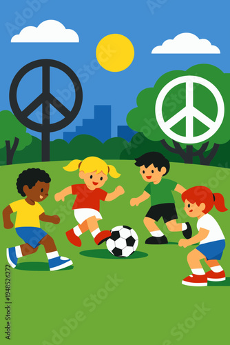 Children Playing Soccer to Symbolize Global Peace and Development