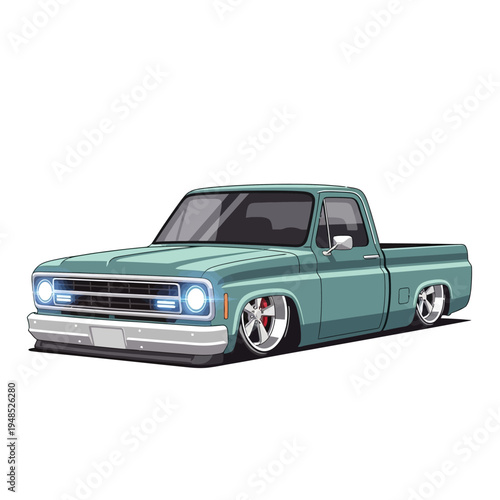 Classic Teal Pickup Truck, Lowrider Style, Custom Vehicle, Vintage Auto
