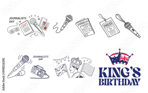 Journalists day and kings birthday on white background king's birthday microphones