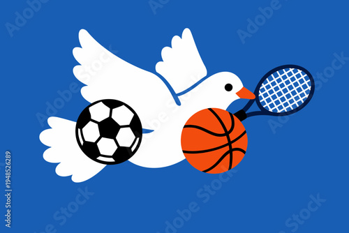 Flat Vector Poster of Peace Dove Carrying Sports Equipment
