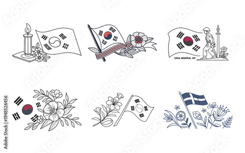South korean and finnish flags with floral and symbols south korean flag flowers
