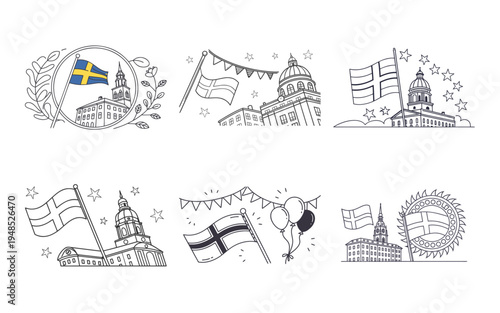 Swedish city landmarks and flags with festive decorations sweden swedish flag city buildings